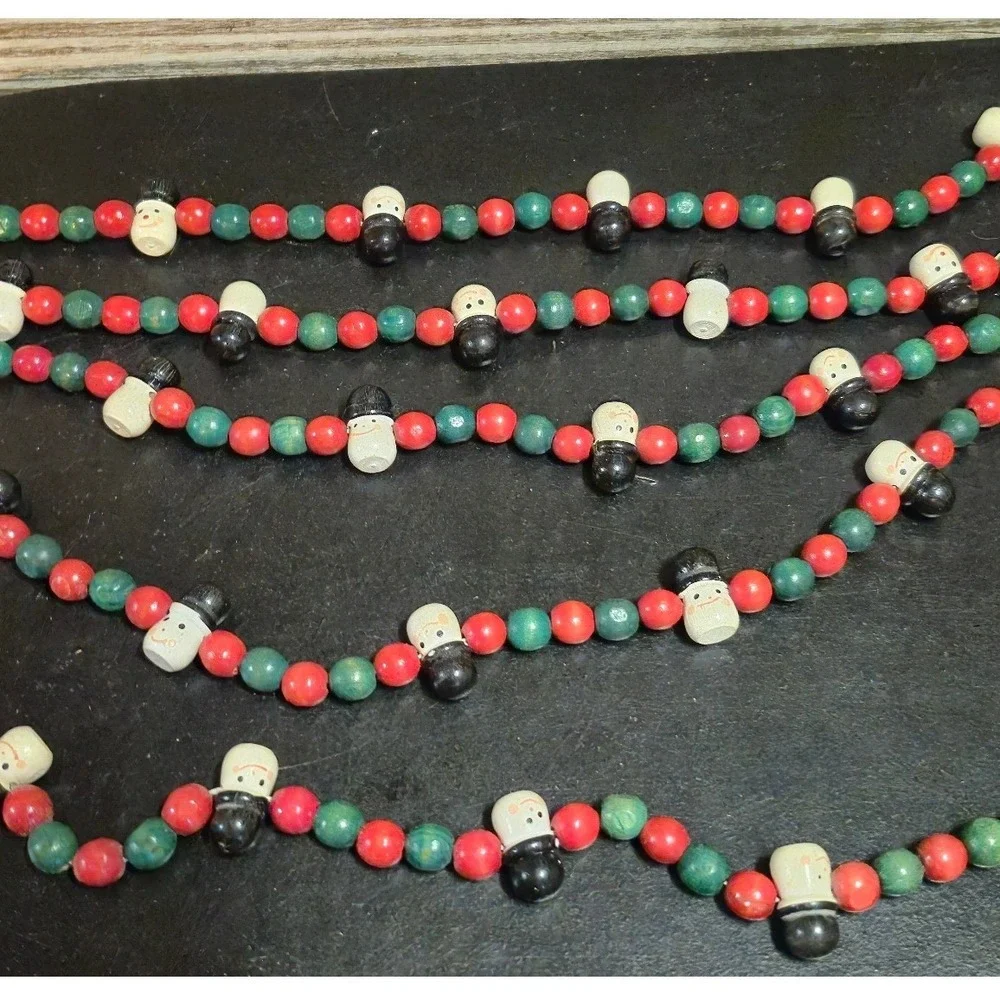 Vintage Christmas Wood Bead Garland Set Santa Snowman Red Green 95 inches